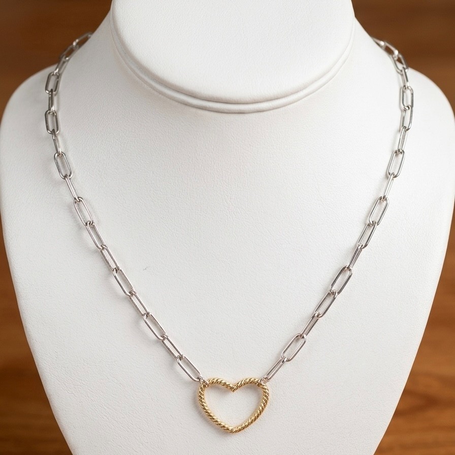 Paper Clip Oval Link Chain Heart Necklace 14K Two-Tone Gold Plated 925 Silver
