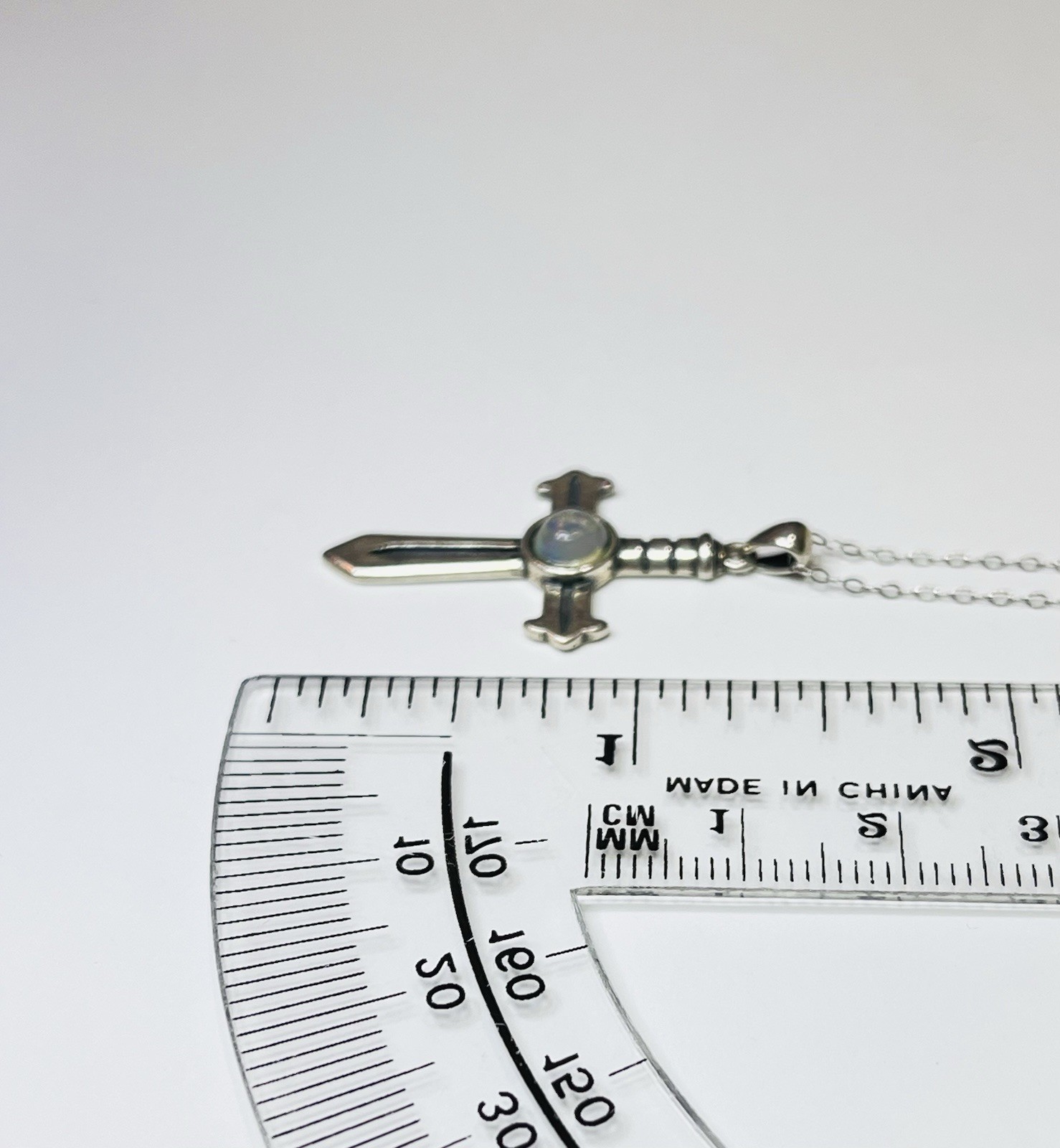 925 Sterling Silver Natural Rainbow Opal Sword Cross Pendant Necklace Unisex Man