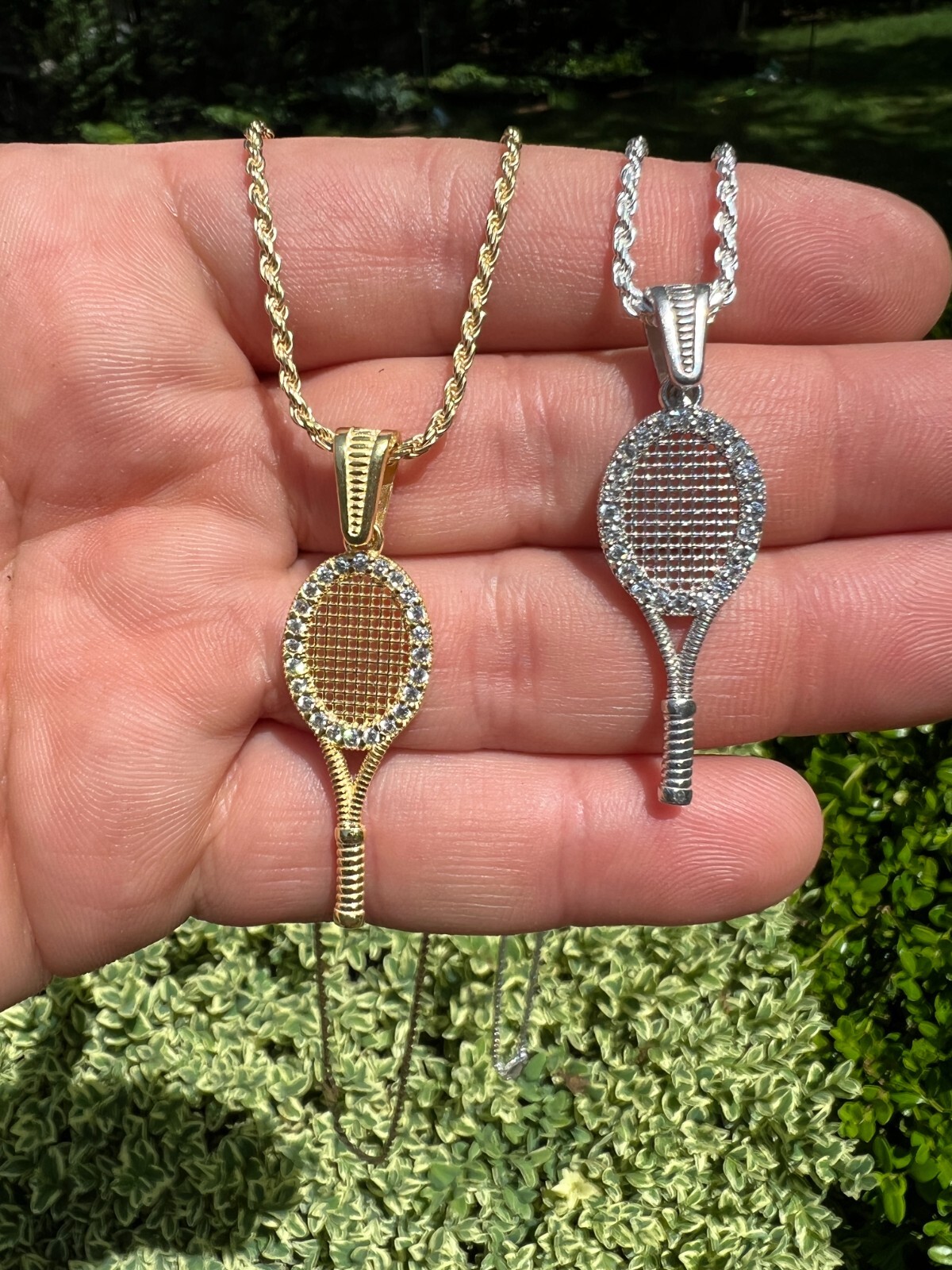 Real 925 Silver 14k Gold Plated Tennis Racket Pendant Necklace Mens Ladies CZ