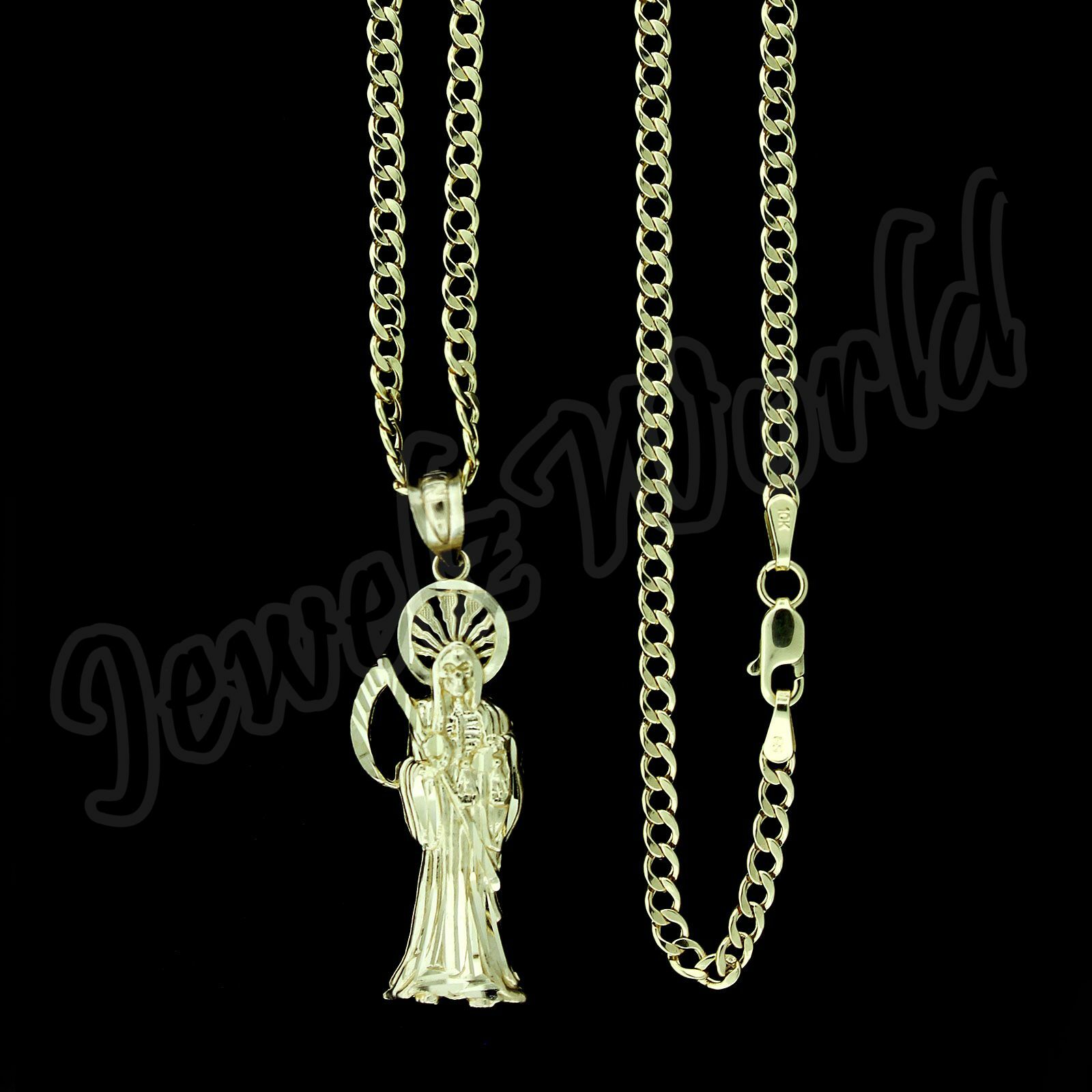 10K Yellow Gold Santa Muerte Grim Reaper Pendant & 2.5mm Cuban Curb Link Chain