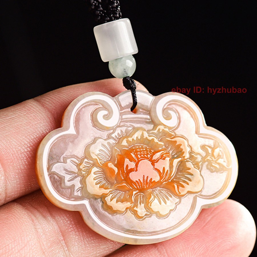 Certified Natural A Jade jadeite Carving Peony Flower Ruyi Luck Pendant Necklace