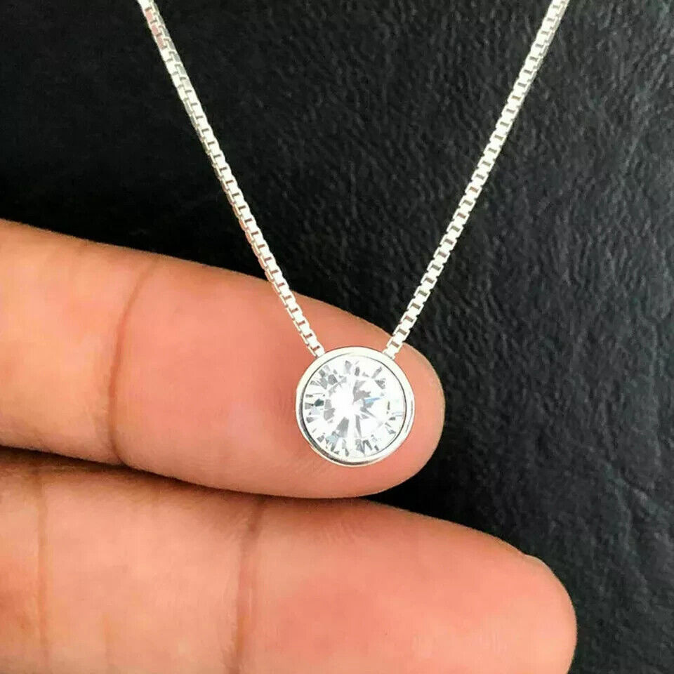 Bezel Set Solitaire Pendant Necklaces 2 CT Real Moissanite 14K White Gold Plated