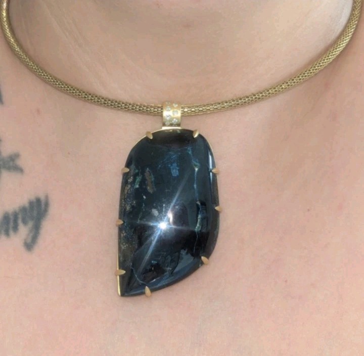 10k Yellow Gold Diamond Bail Blue Azurite Gemstone Large Pendant OOAK Women’s