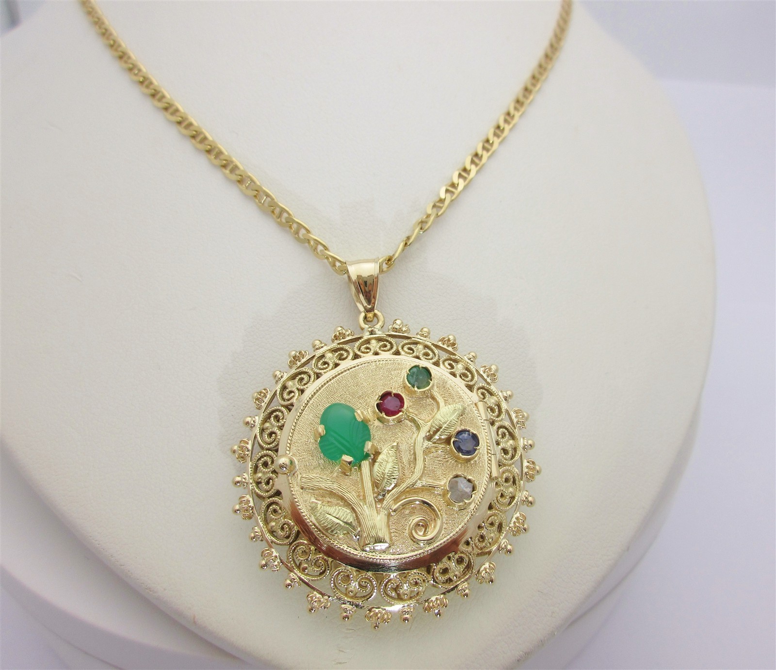 18K Antique Filigree Necklace Pill Box Stash Reversible Locket Gemstone 23″ N437