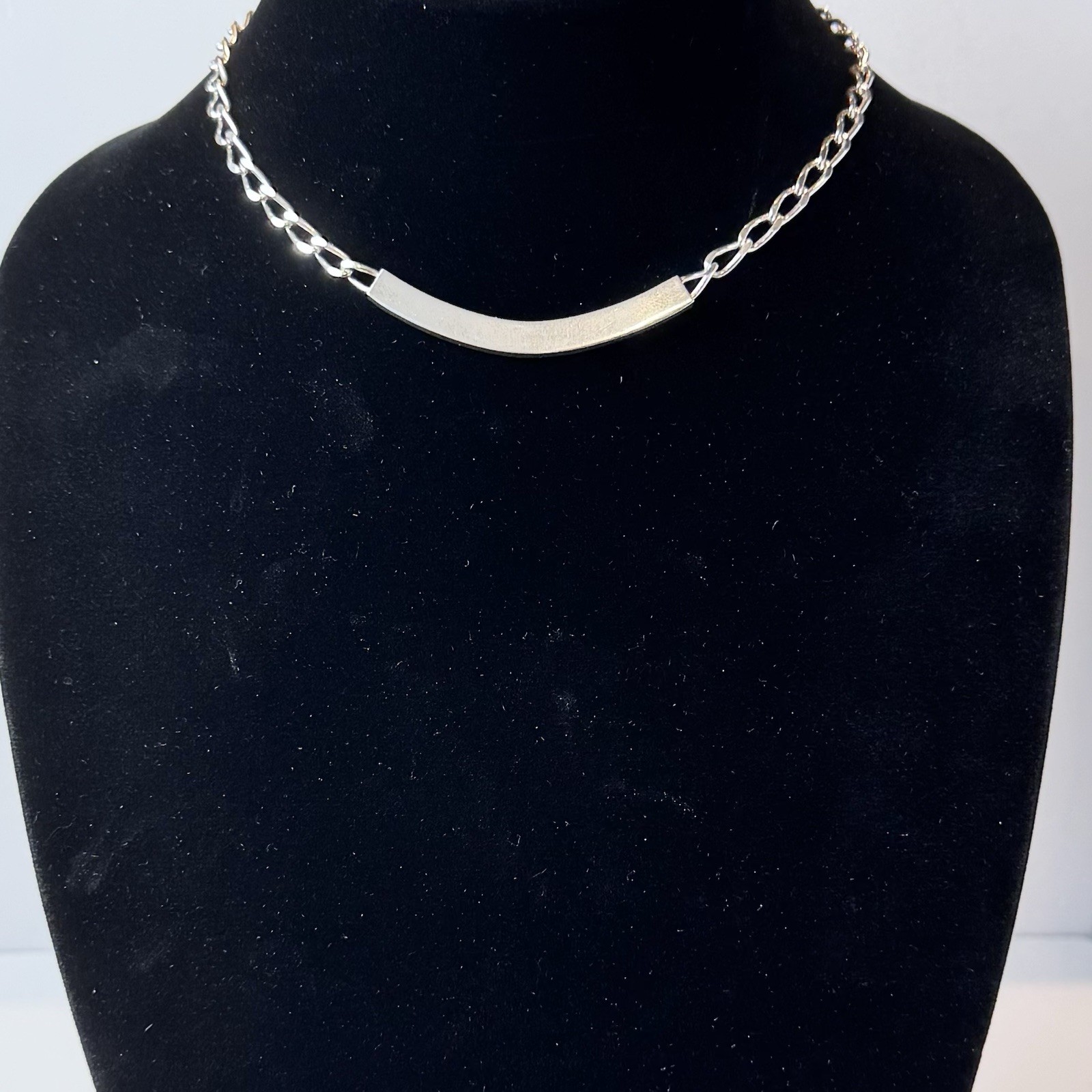 925 Solid 13in Curb Linked Choker Necklace w/ 2.25in Curved Bar/ Total L 15.25in
