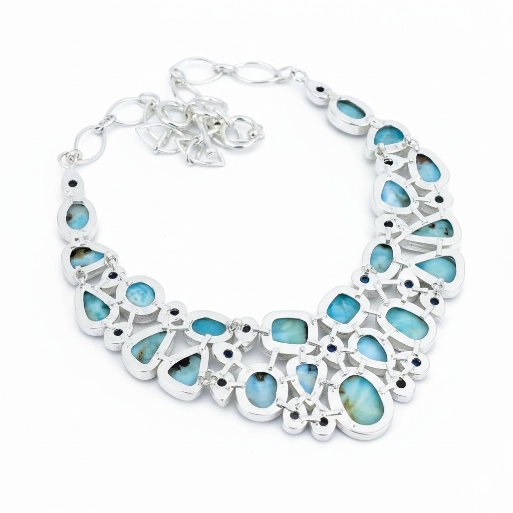 Natural Larimar Moonstone Necklace 925 Sterling Silver Artisan Jewelry S-18″