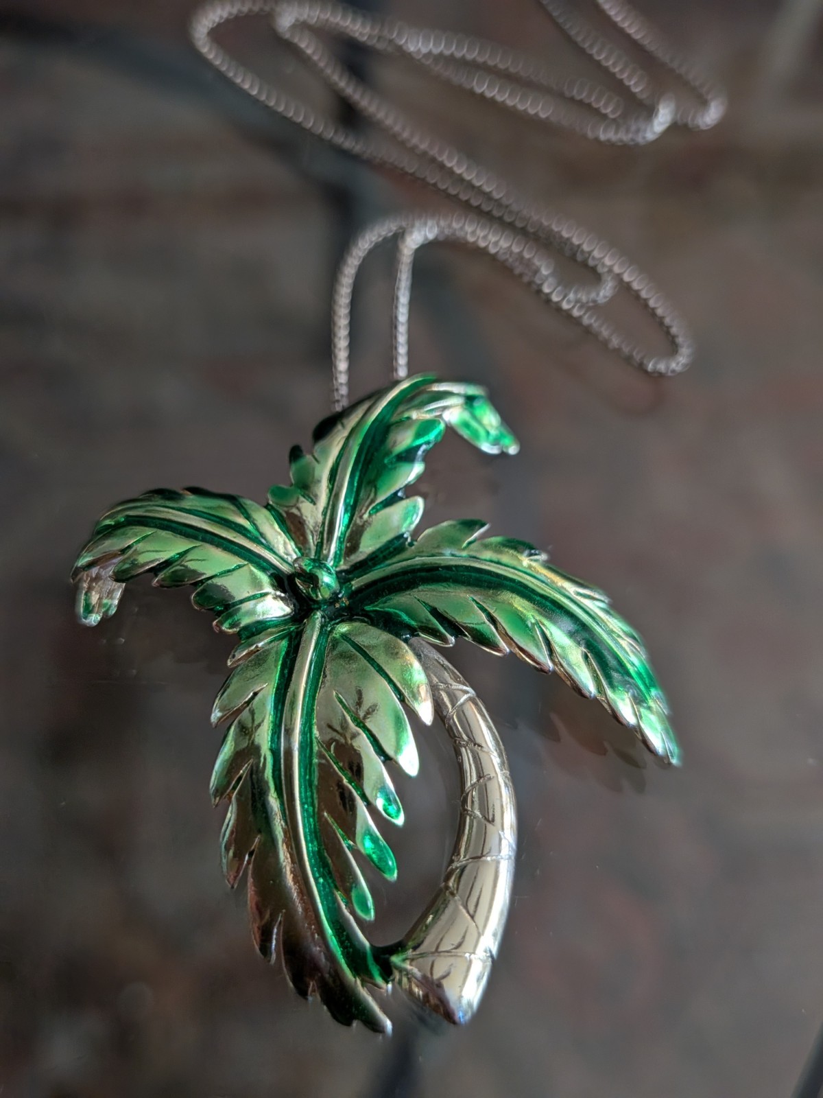 Sterling Silver Enamel Tropical Palm Tree Pendant Necklace Resort Beach Jewelry