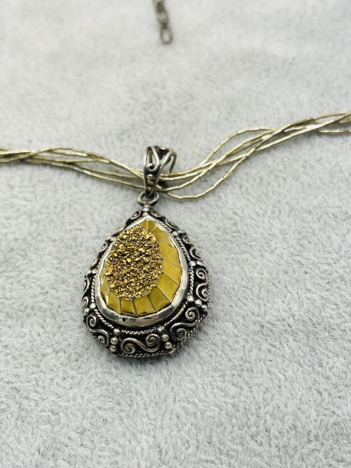 Sajen 925 Sterling Silver Gold Druzy Dangle Pendant Five Strand Liquid Necklace
