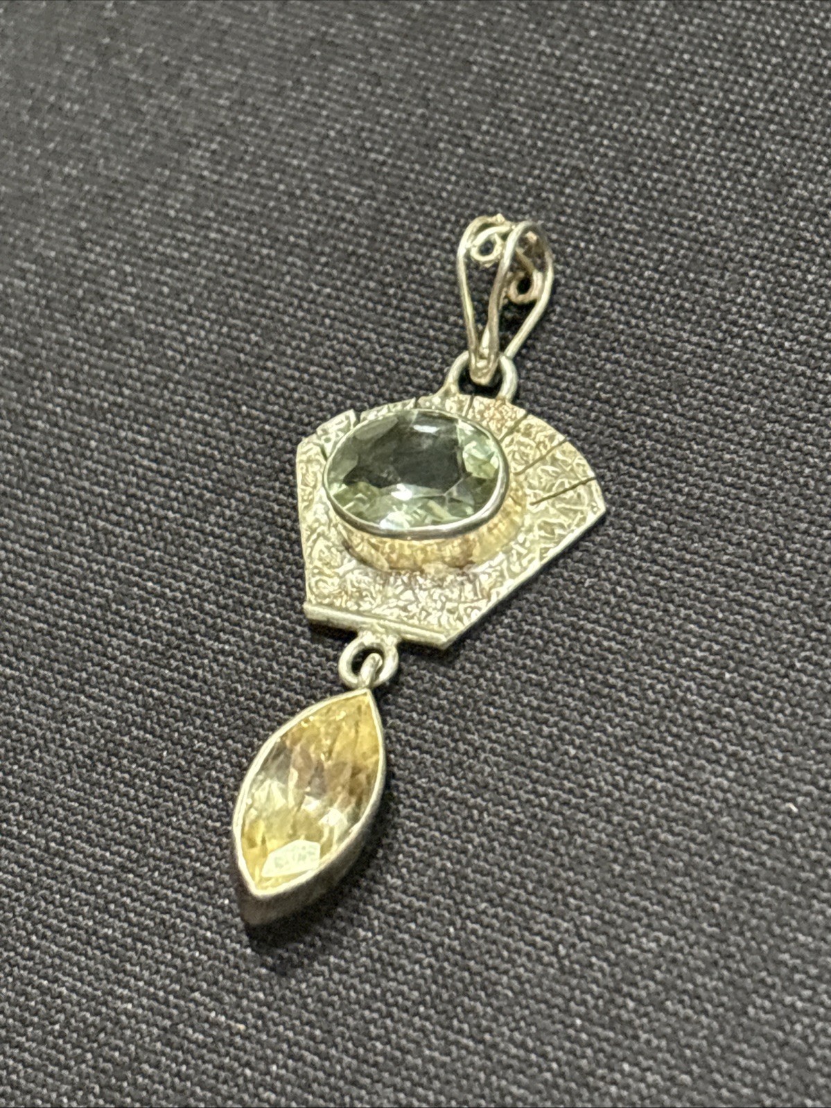 Vintage Green & Lemon Quartz 925 Sterling Silver Pendant 2” Long 4.4 Grams