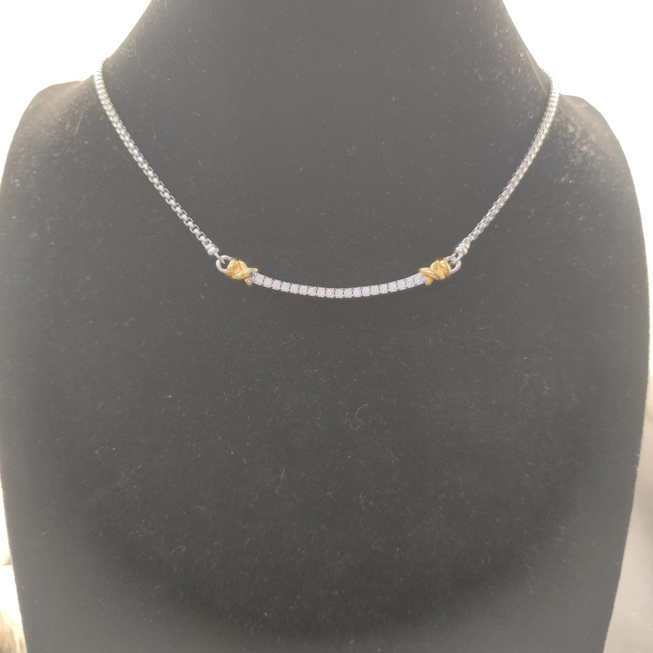David Yurman Two Tone Crossover Bar Pendant 925 Silver 18K Gold Pave Diamond 55