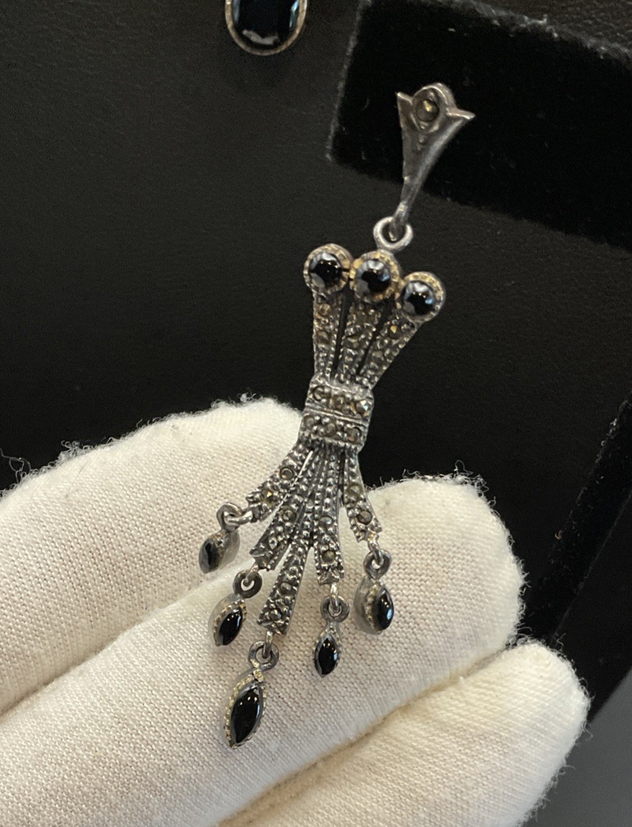 VTG Art Deco Marcasite Black Onyx Sterling Silver Necklace & Earrings