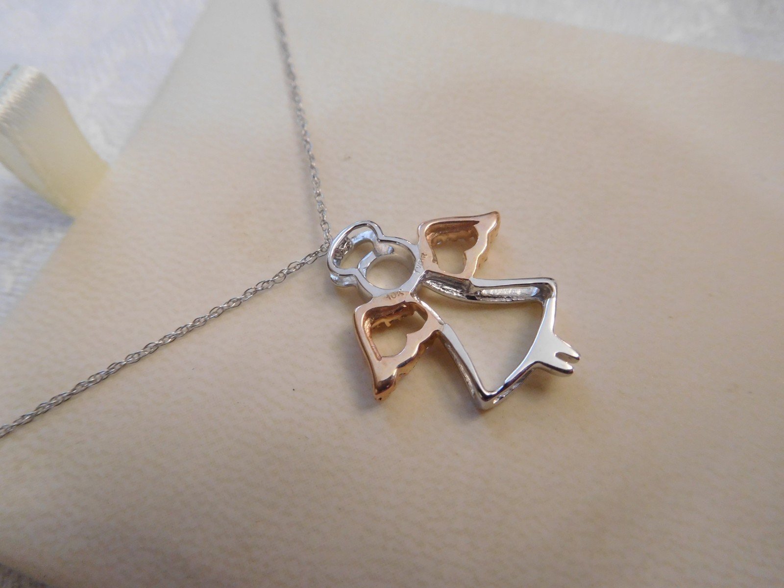 10K Solid White + Rose Gold ANGEL w HALO Pendant JWBR 18″ Inch Chain Necklace