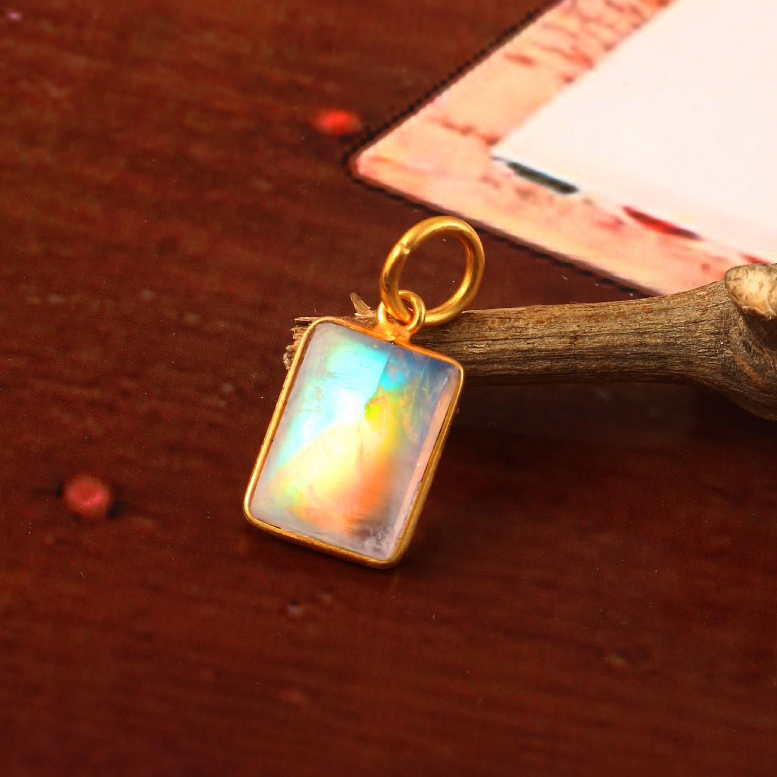 Natural Rainbow Moonstone Pendant in 14K Gold Minimalist Charm 3153