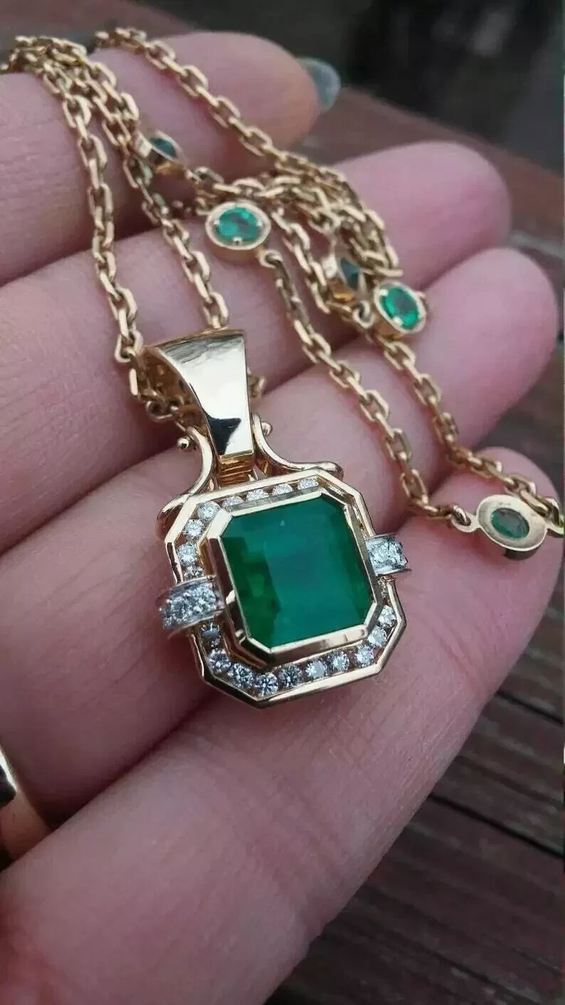 2.70Ct Asscher Cut Emerald Diamond Halo Pendant 14K Yellow Gold Finish