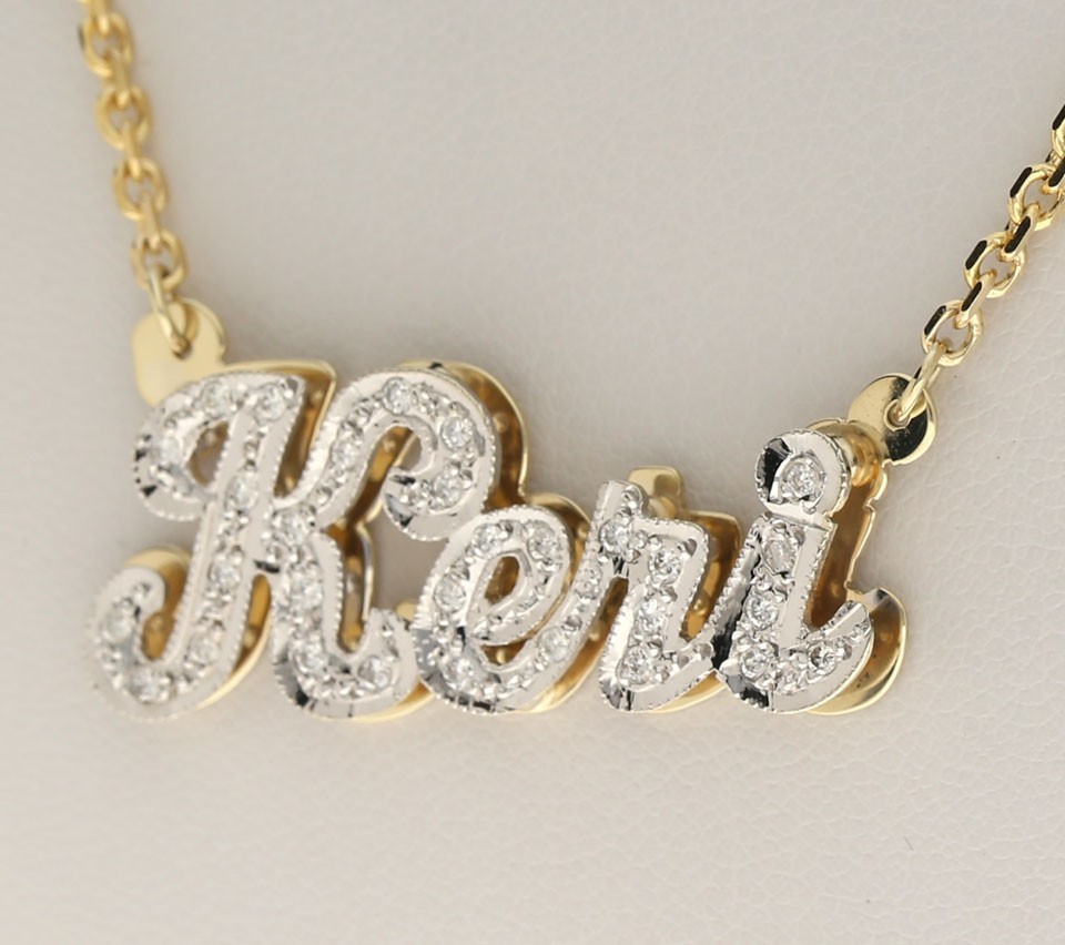 Natural Diamond ‘Keri’ Shadow Nameplate Necklace .37CT Multi-tone Gold 16” Long