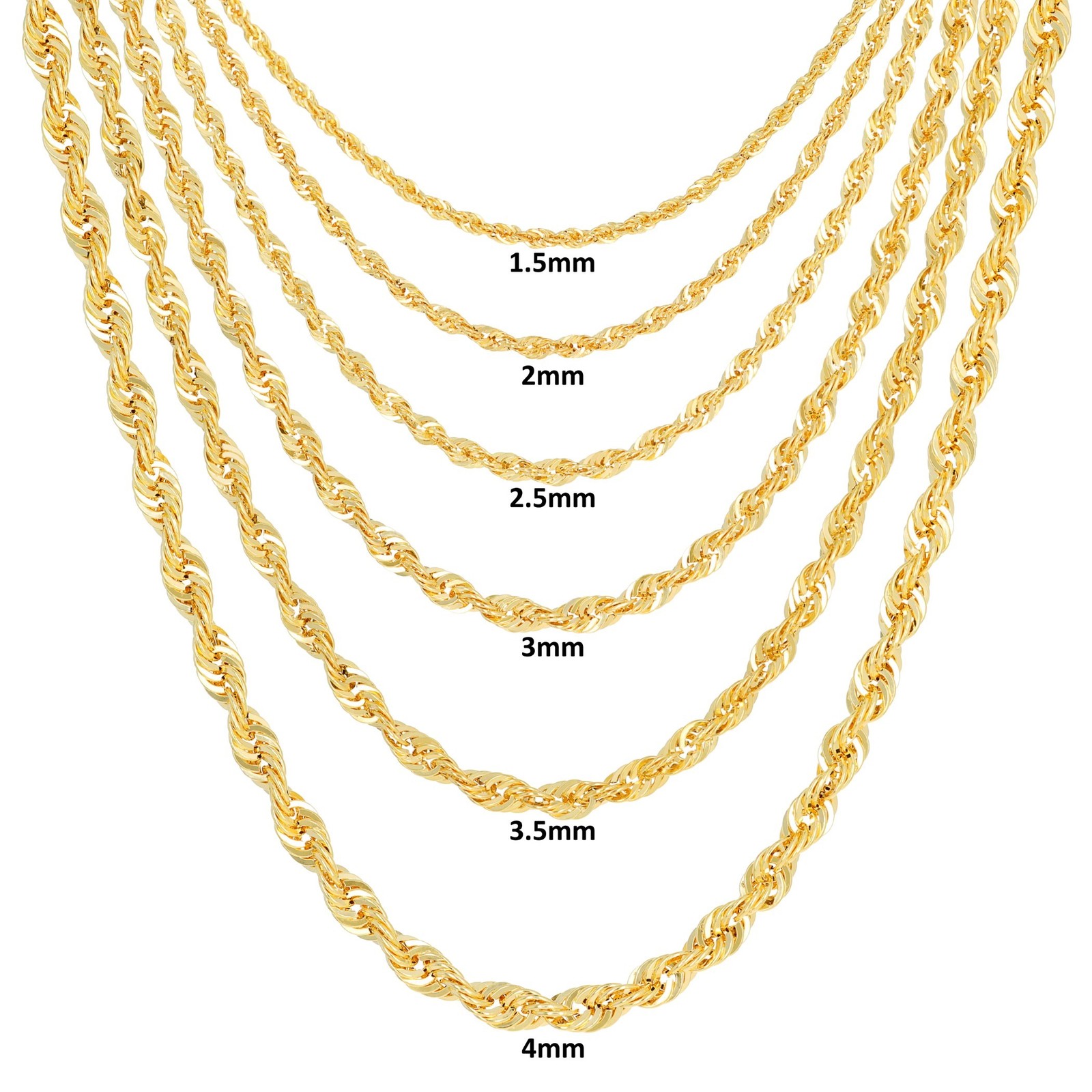 10K Yellow Gold 1mm-4mm Light Diamond Cut Rope Chain Necklace Men Women 16″- 30″