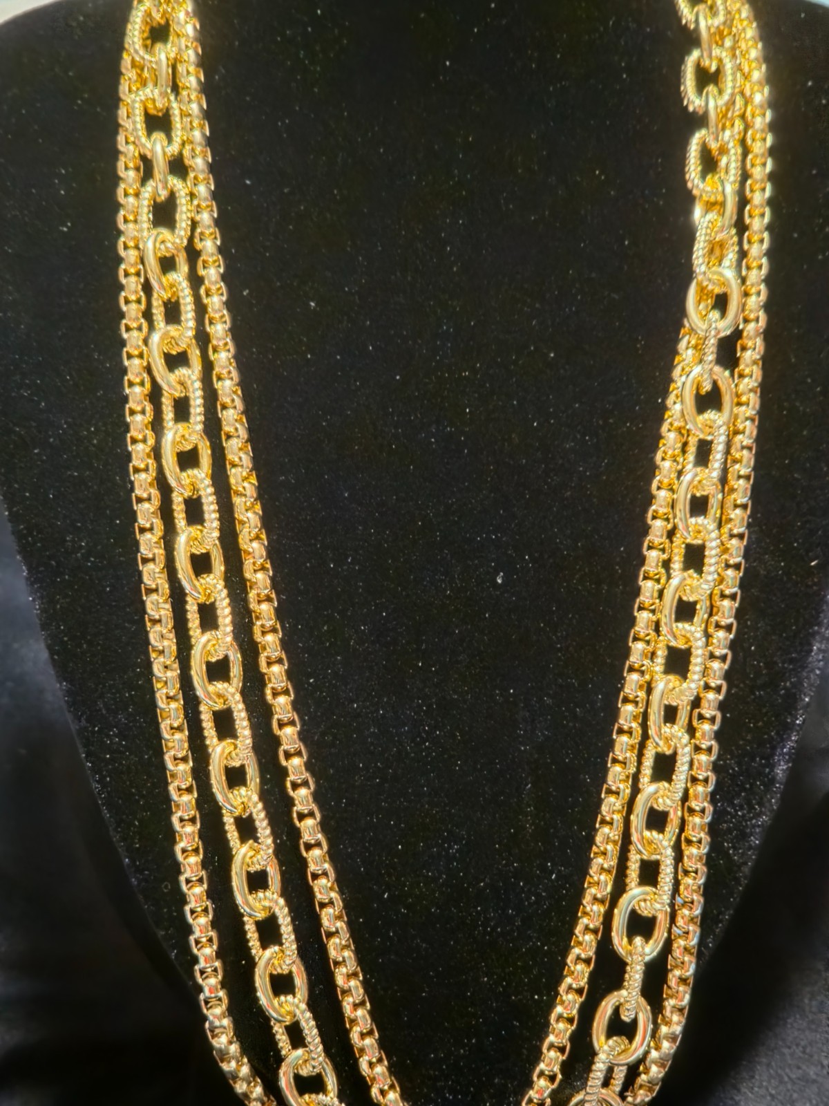 14k Yellow Gold Filled Multi Chain Style Necklace with Three Layers.