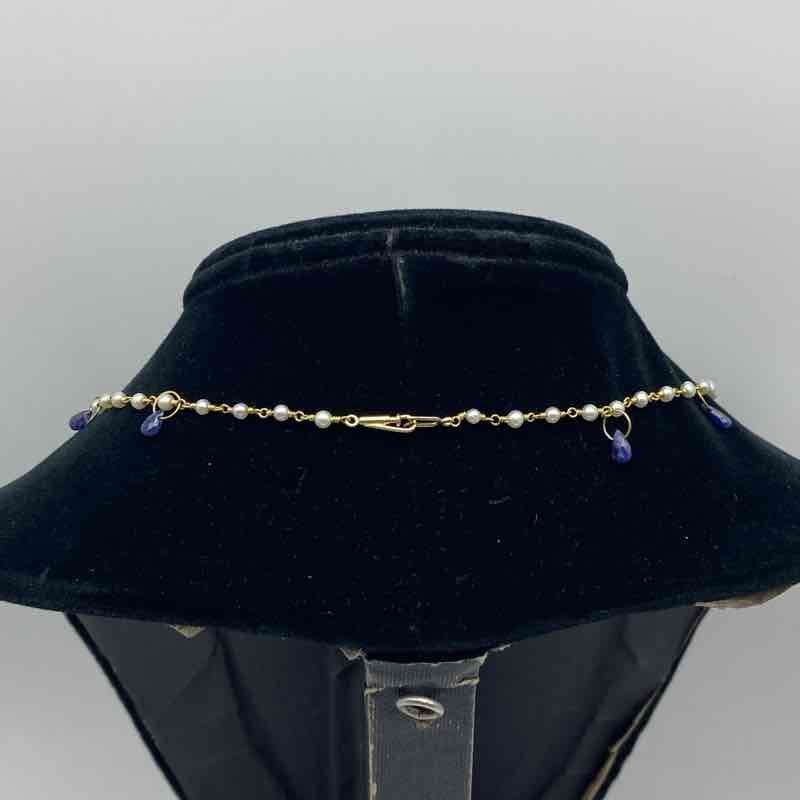 14K Yellow Gold Blue Topaz Pearl Station Dangle Necklace 17.25″ 7.28g