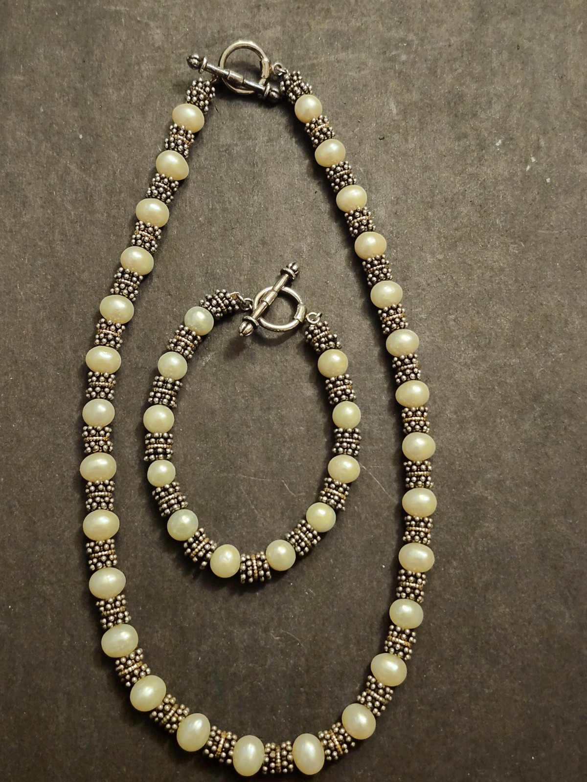 Sterling Silver And 14k Gold Pearl Necklace And Bracelet Set 106.9 Grams Total W