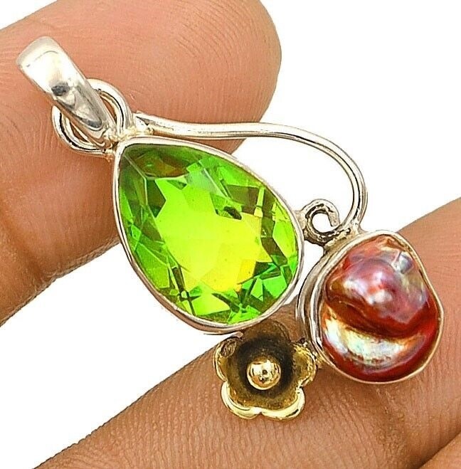 8CT Natural Two Tone Tourmaline Quartz 925 Solid Sterling Silver Pendant