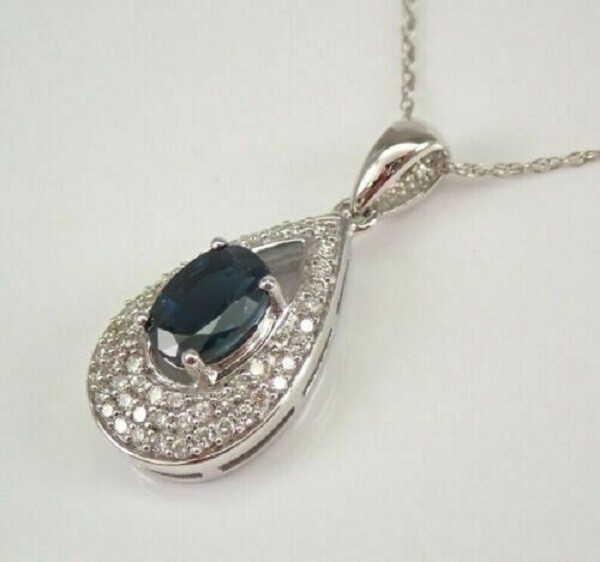 3Ct Oval Cut Blue Sapphire Teardrop Pendent 14K White Gold Finish 18”Free Chain