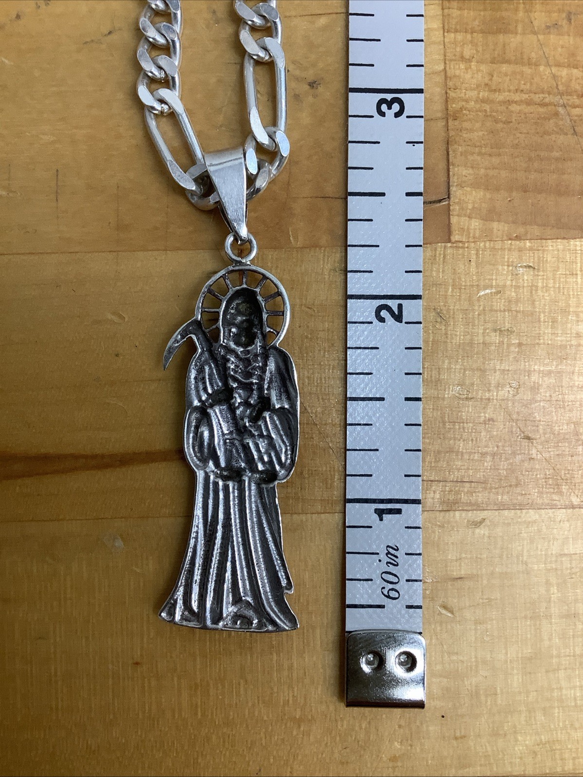 .925 Sterling Silver Grim Reaper Santa Muerte Pendant With 29” Figaro Necklace