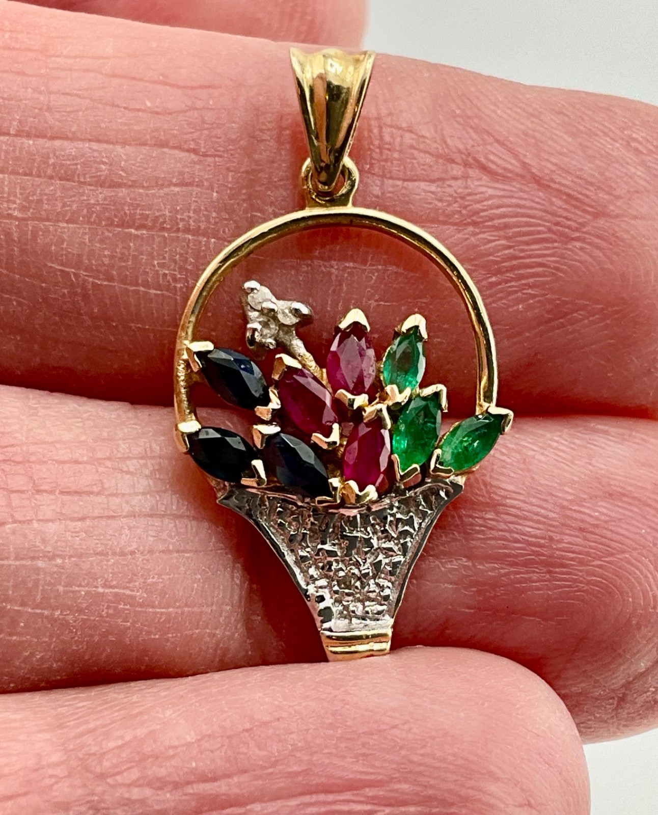 Vintage Minimalist 10k Gold Flower Basket Pendant Ruby Emerald Sapphire Diamond
