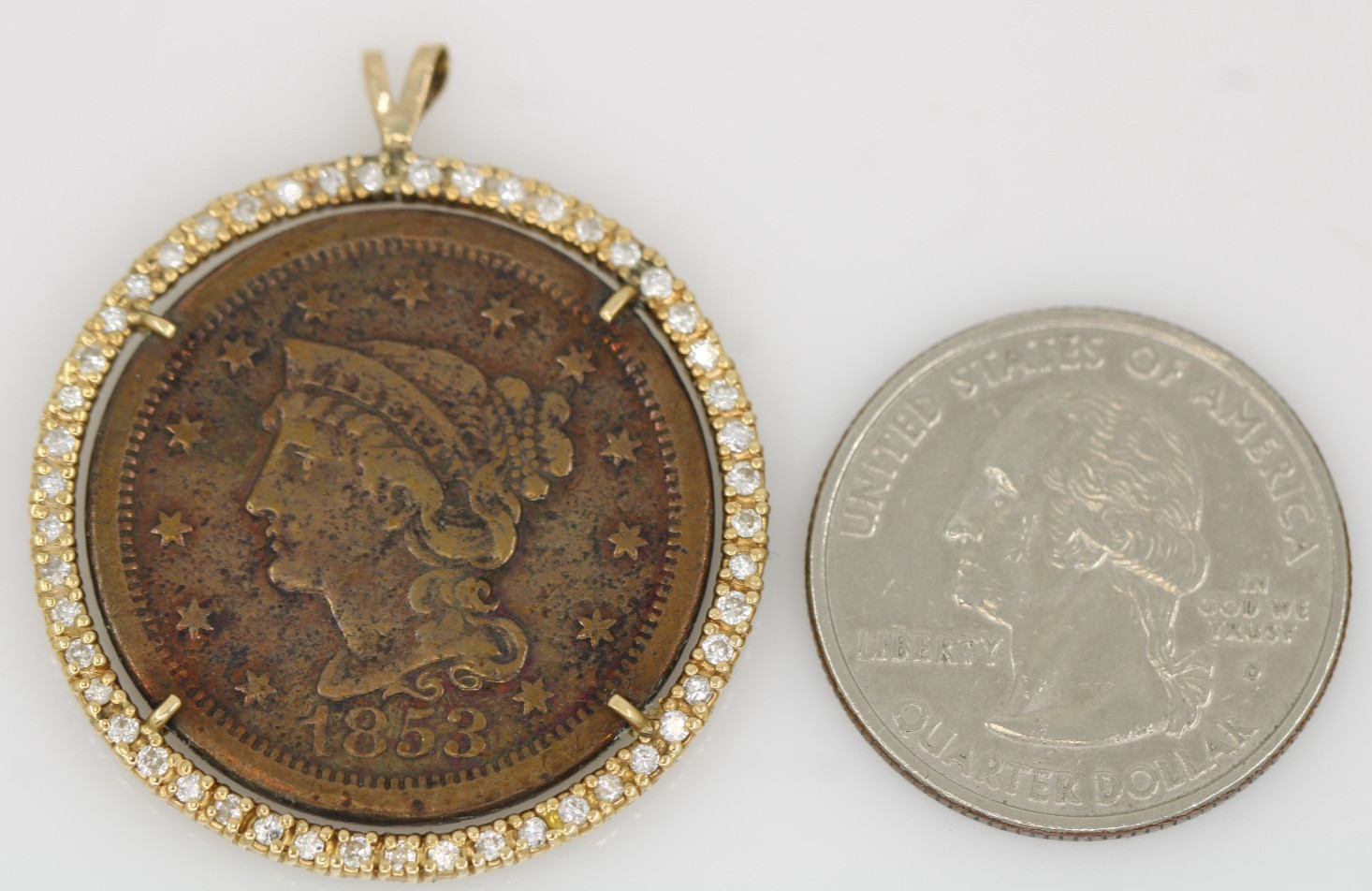 1853 US Braided Hair Large One Cent w/ 0.75 TCW Diamond Coin in 14k Gold Pendant