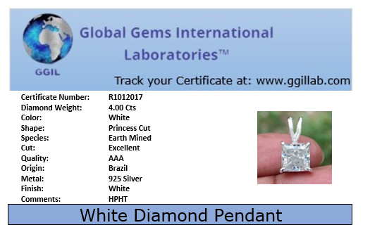 4 Ct Princess Cut White Diamond Solitaire Pendant, Free Diamond Studs