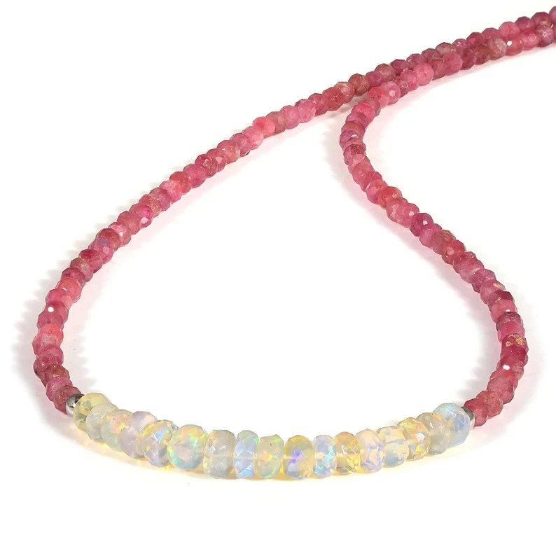 Natural Welo Fire Opal Pink Tourmaline Beaded Necklace 925 Silver 18 in Handmade
