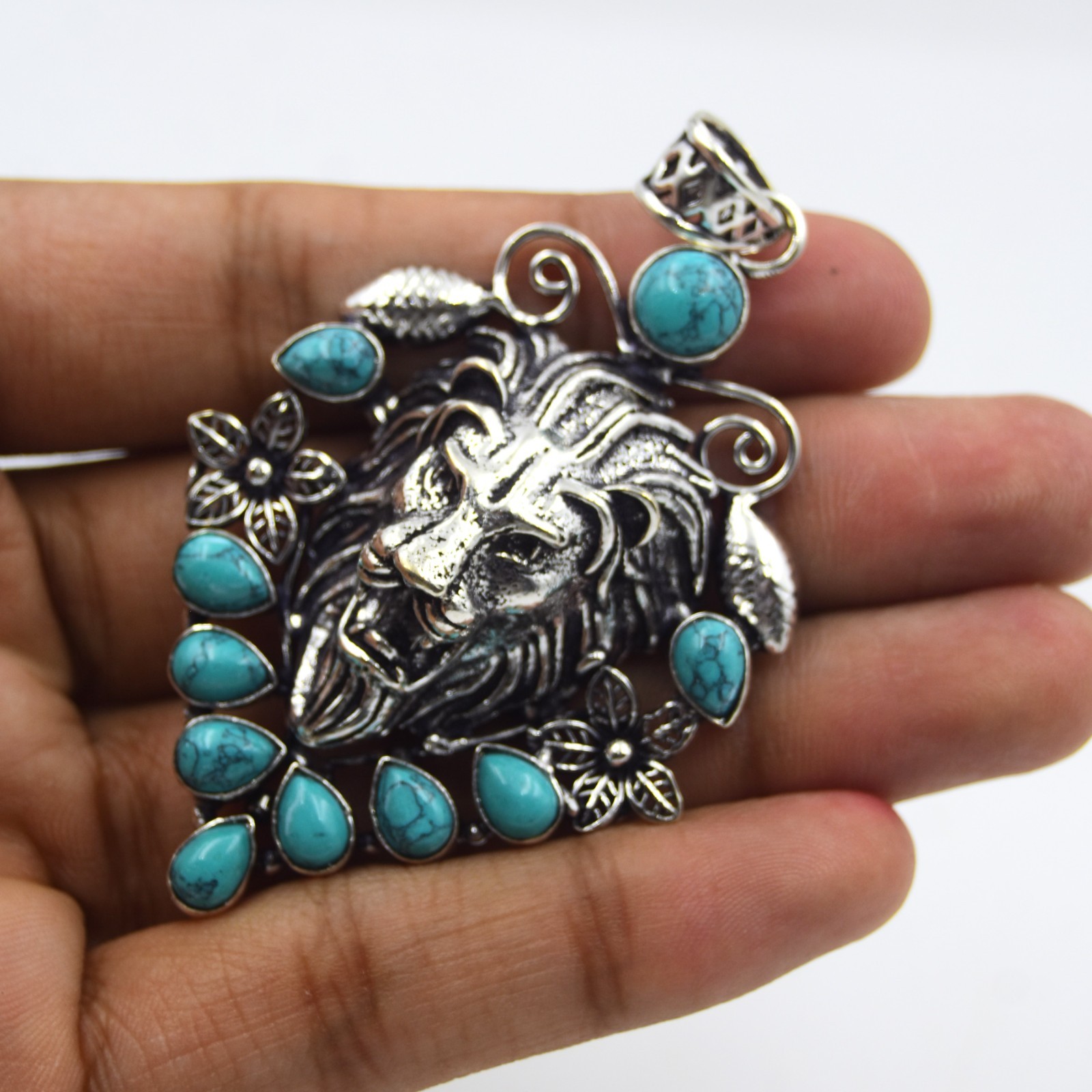Blue Turquoise Gemstone Handmade 925 Sterling Silver Jewelry Pendant Size-2.25″