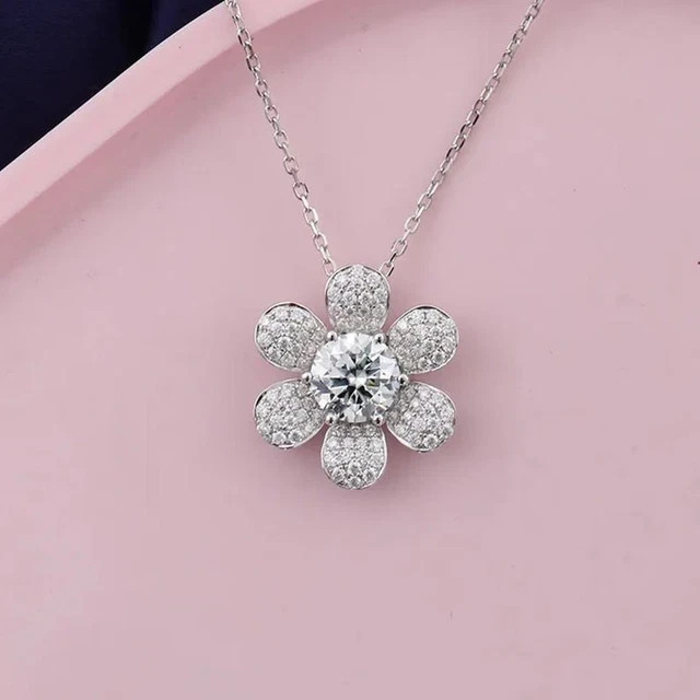 1.30Ct Round Cut Real Moissanite Floral Pendant With Chain 14K White Gold Plated