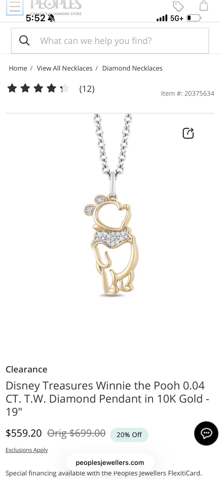 Disney Treasures Winnie the Pooh 0.04 CT. T.W. Diamond Pendant in 10K Gold – 19″