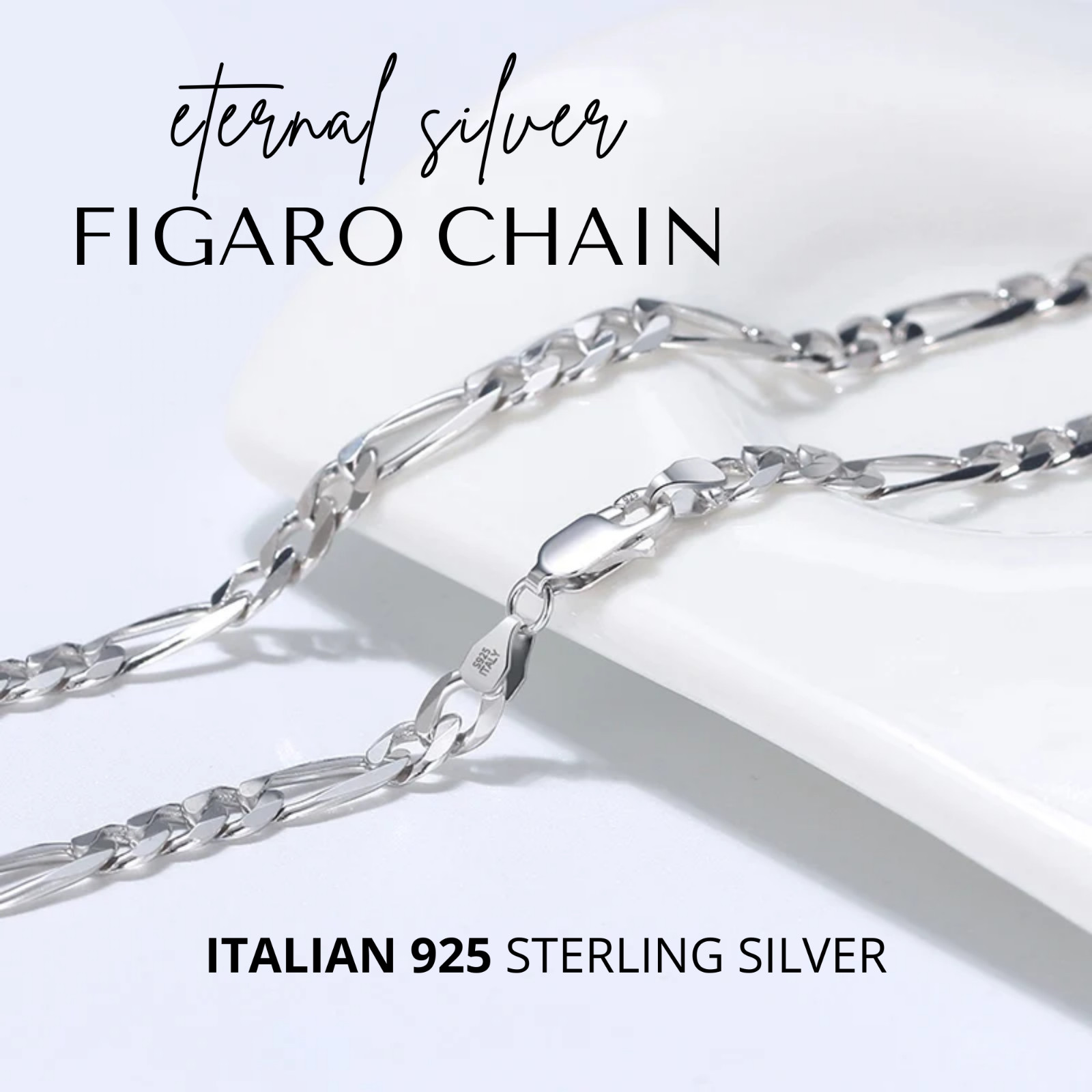Real Sterling Silver UNISEX Figaro Solid Chain Bracelet or Necklace 925 Italy