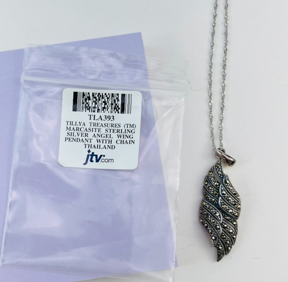 Marcasite Sterling Silver Angel Wing Pendant and Chain JTV Tillya Treasures