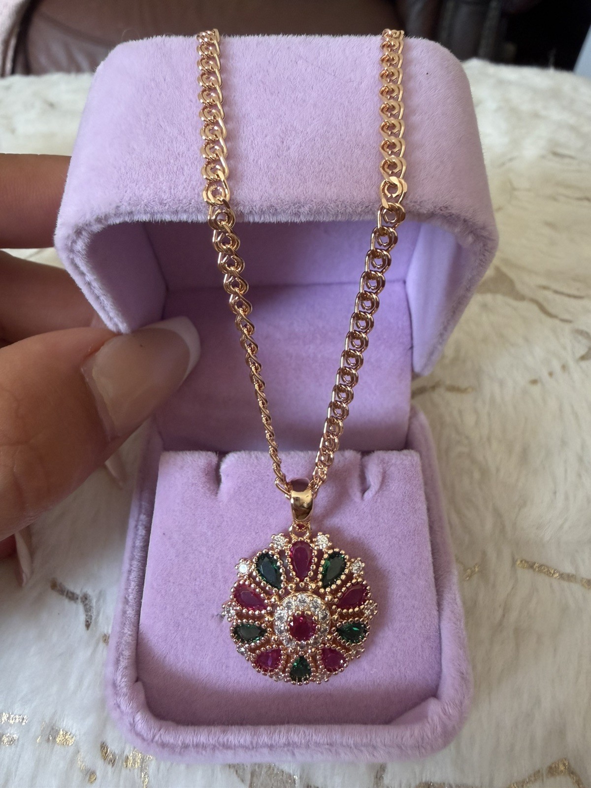 585 RG Hallmarked Rolled Rose Gold Necklace & Pendant zircon Vintage 50cm