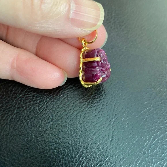 14K Solid Real Gold Laughing Male Buddha Natural Ruby Carved Pendant – Kid Size