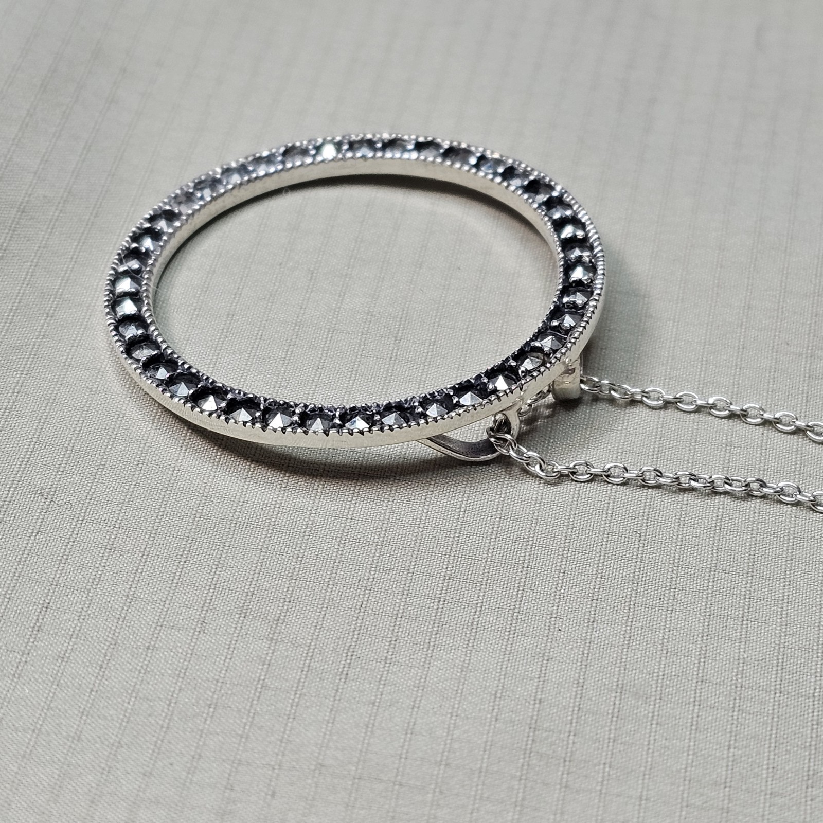 925 Sterling Silver Marcasite Circle Pendant Slide Necklace – 4.5g