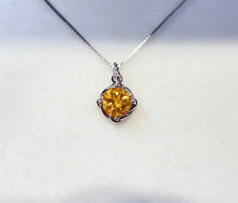 Yellow Citrine Pendant Necklace 6mm 925 Sterling Silver Natural Citrine