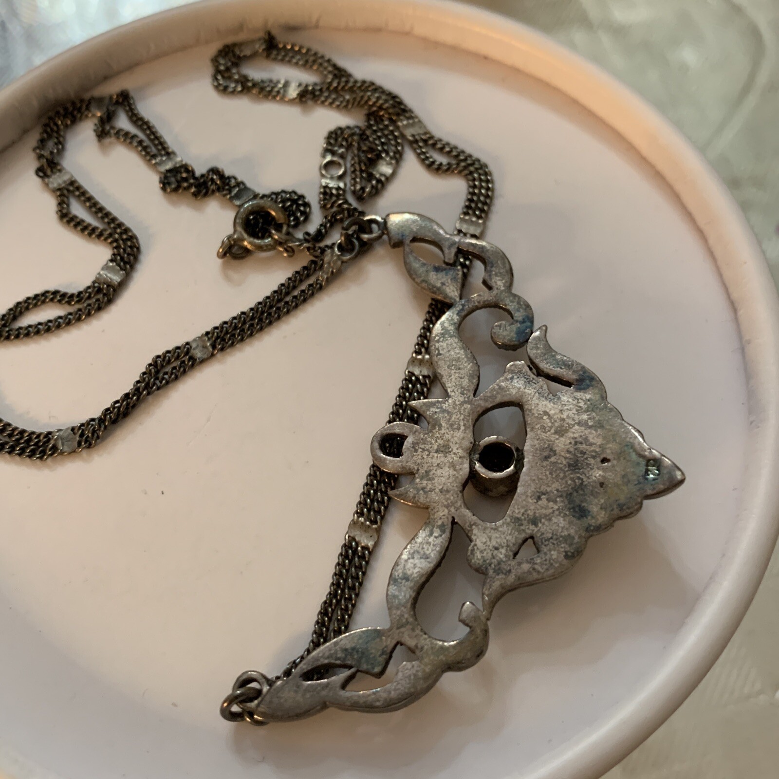 ART DECO 925 STERLING SILVER GARNET MARCASITE FOLIATE DROP LINK SCROLL NECKLACE
