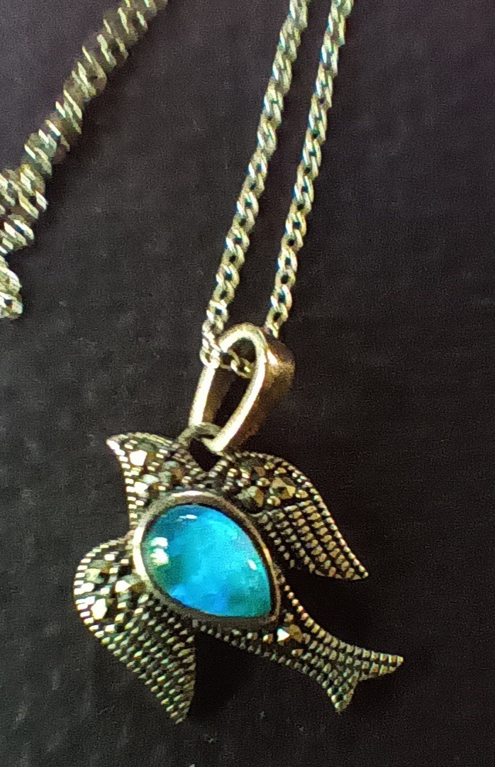 Sterling Dove Pendant W/Synthetic Opal & Marcasite On 18” Sterling Necklace