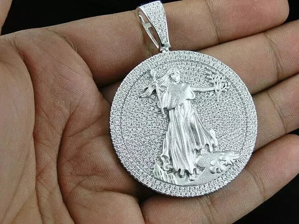 3 Ct Real Moissanite Wedding Liberty Coin Pendant 14k White Gold Plated