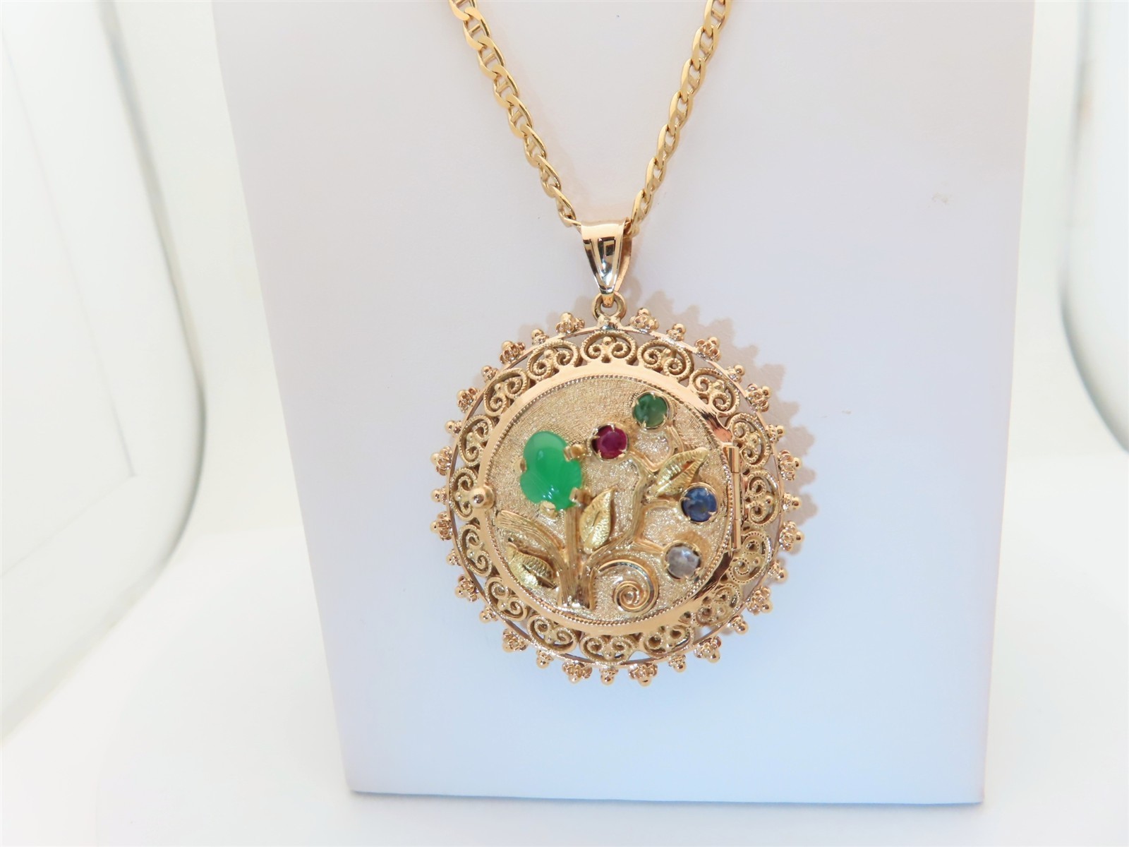 18K Antique Filigree Necklace Pill Box Stash Reversible Locket Gemstone 23″ N437