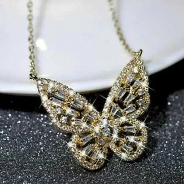 3Ct Baguette Cut VVS1 Diamond Butterfly Pendant 14K Yellow Gold Over Free Chain