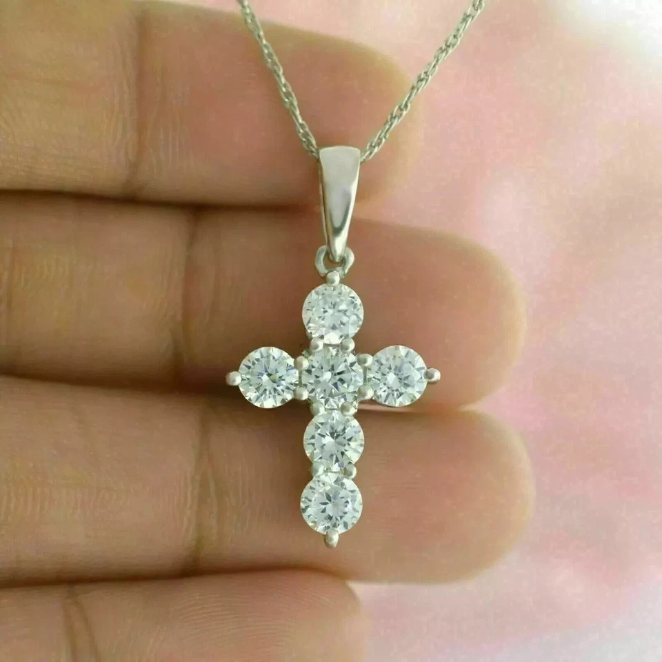 1.50CT Round-Cut Real Moissanite Cross Pendant Necklace 14K White Gold Plated