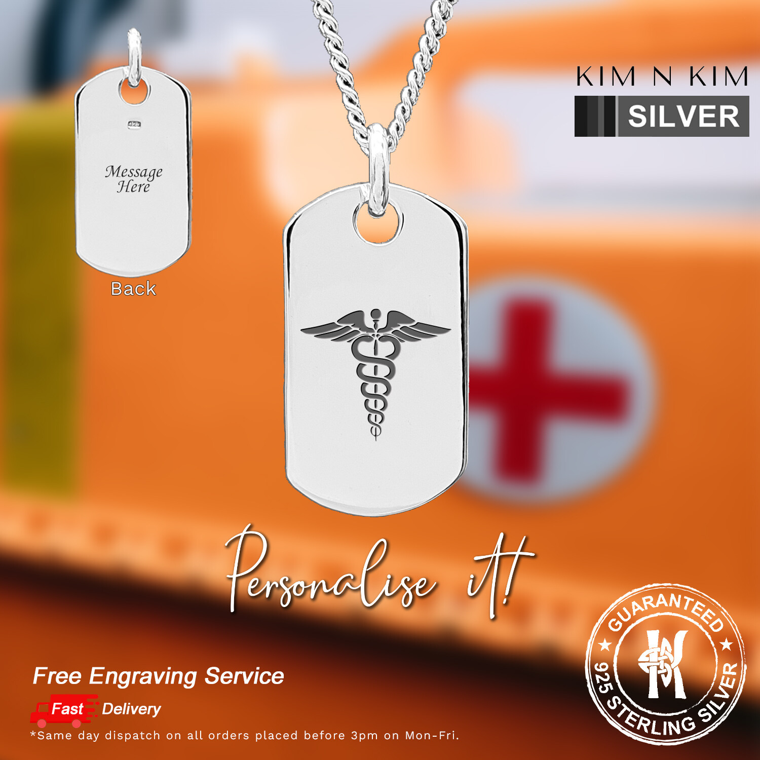 Caduceus Medical Alert Dog Tag Pendant/Nurse/Doctor/Medical Student✔️925 Silver