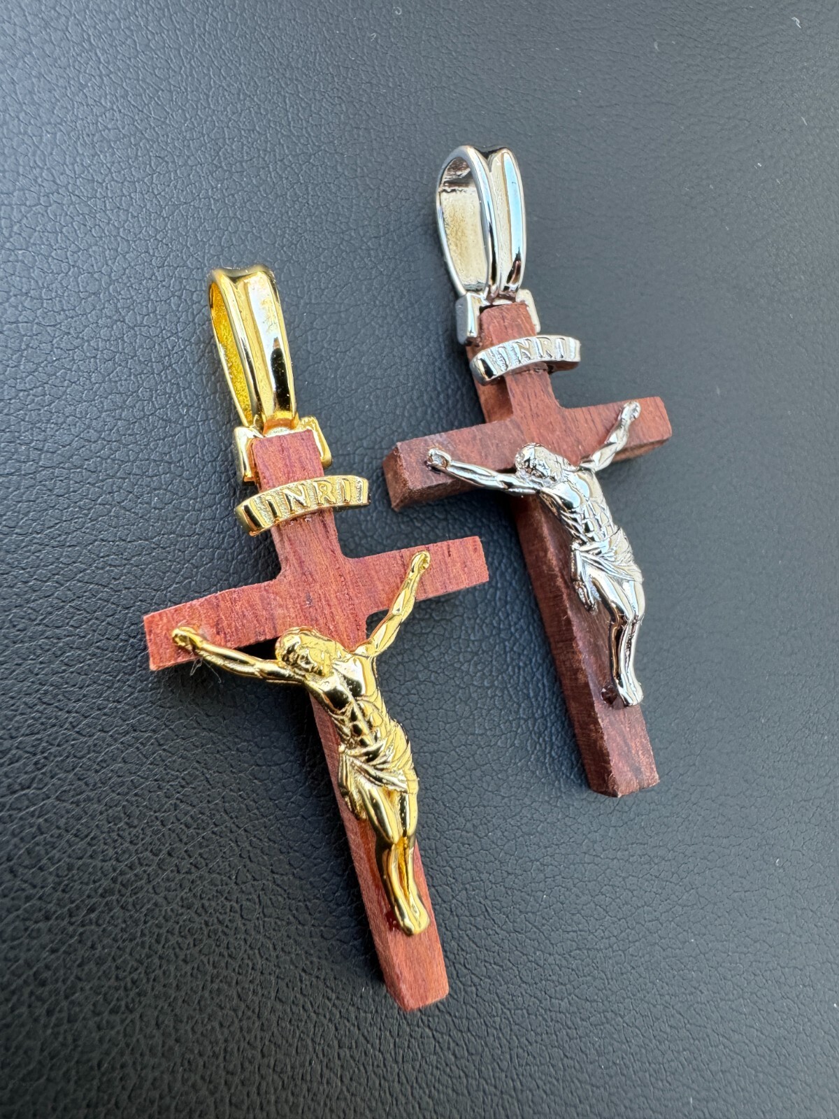Mens Real 925 Silver Red Cherry Walnut Wood Jesus Cross Pendant Necklace 1.25″