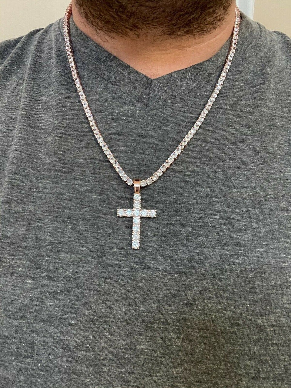 Tennis Cross Iced Pendant – Rose Gold Vermeil 925 Silver – 5 Sizes 0.75″-2.25″