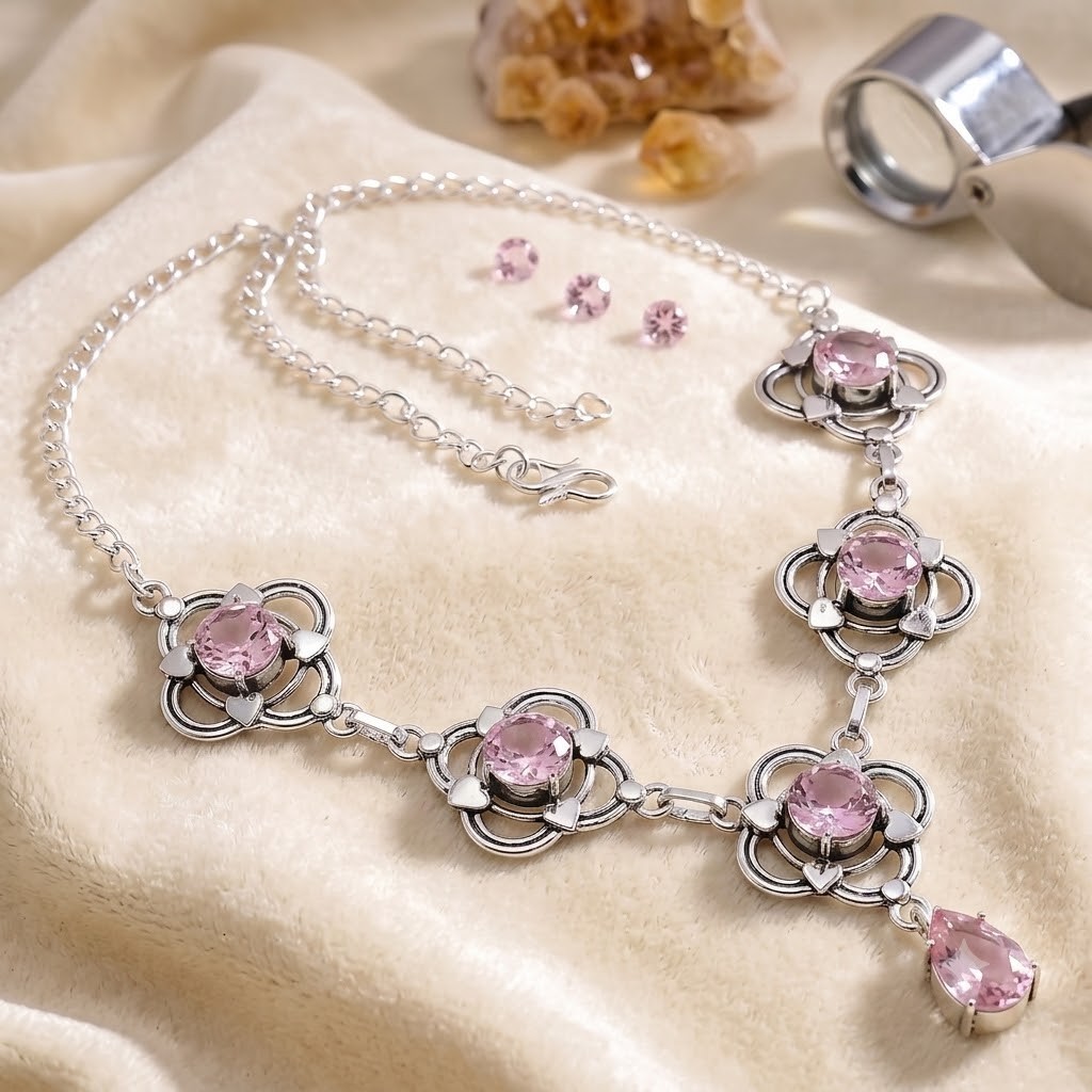Pink Topaz Gemstone 925 Sterling Silver Jewelry Necklace Size-17-18″