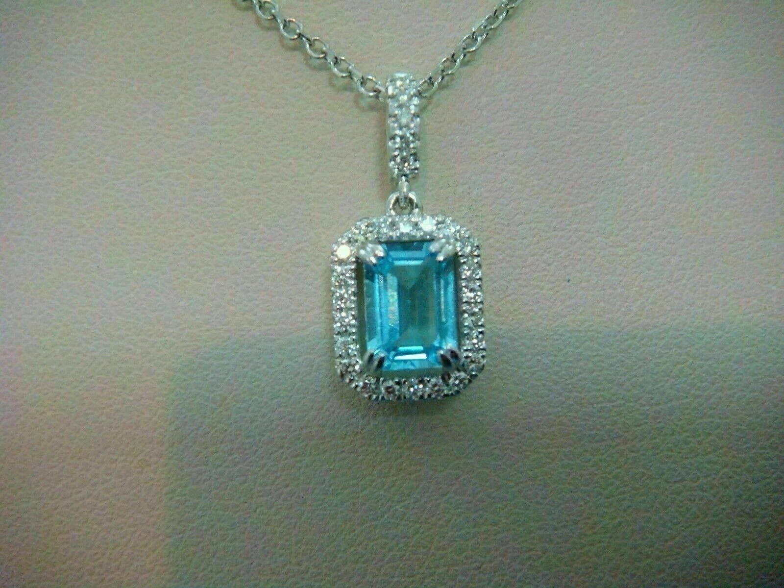 3Ct Emerald Cut Aquamarine Halo Women’s Pendant Free Chain 14K White Gold Finish